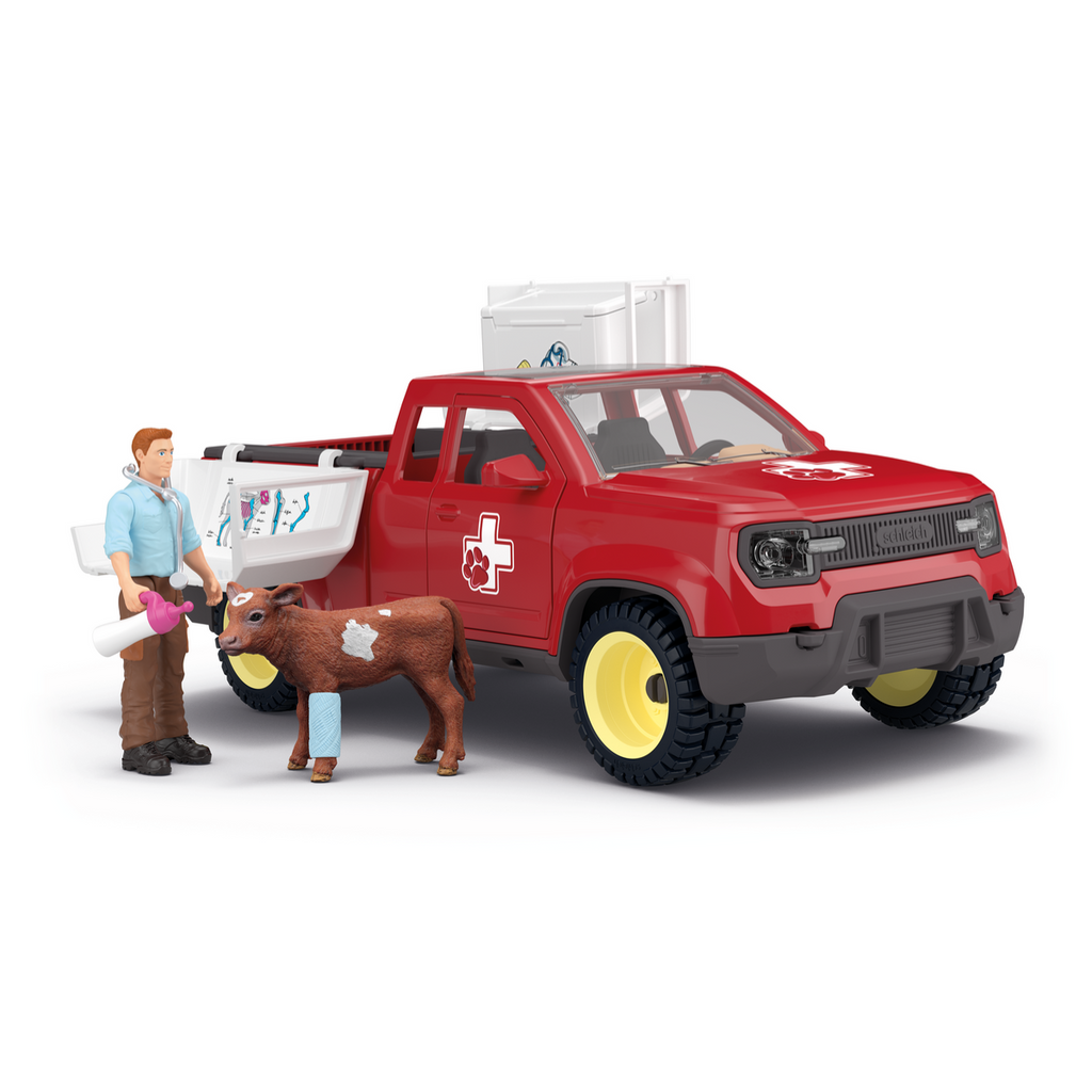 SCHLEICH Farm World Missione Del Veterinario 42727 – Set 29 Pezzi Con Pick-up, Vitello E Accessori, Giocattolo Bambini 3+ Anni